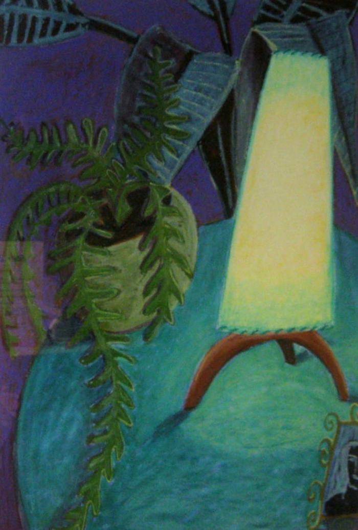 Painting of a large leaf plant on turquoise table with large yellow lamp and picture.